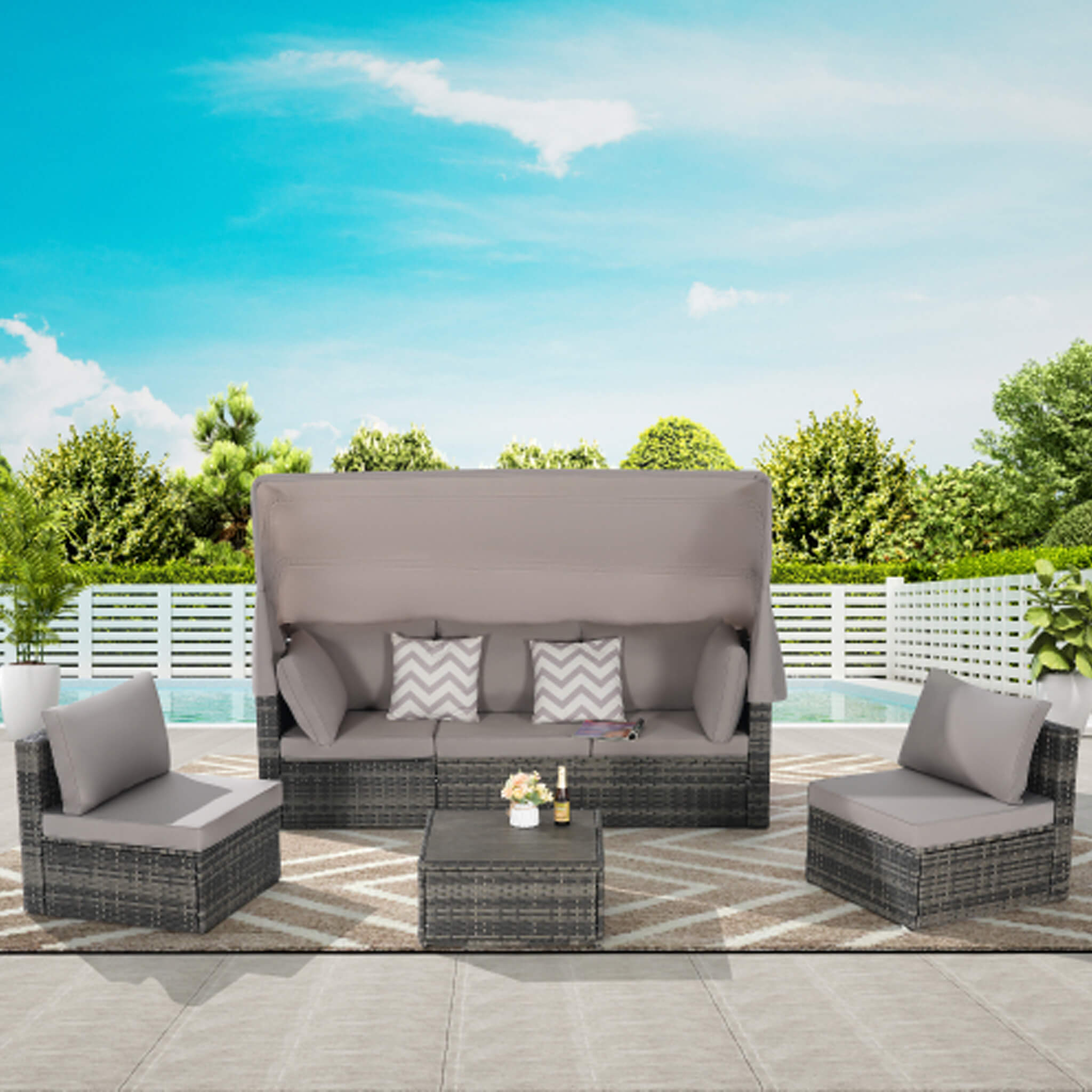 Alora 5-Piece Outdoor Patio Wicker Daybed Furniture Set With Retractable Canopy (SAK37816)