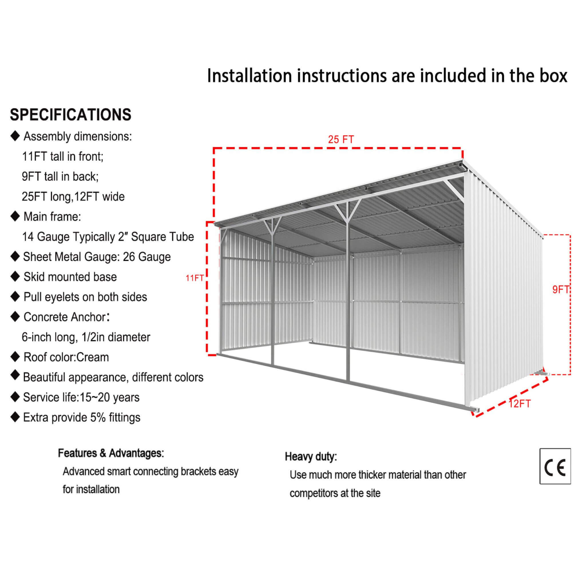 [12X25FT] Heavy-Duty Galvanized steel Storage Equipment Shed (SAK20471)