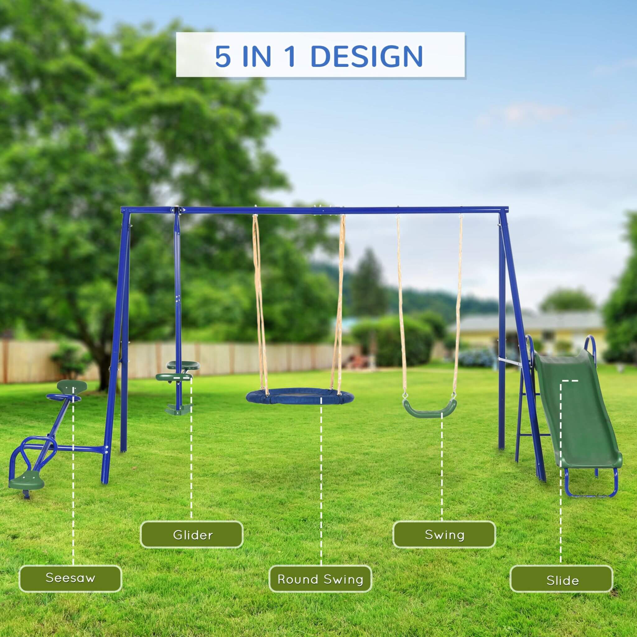 5-In-1 Heavy-Duty Outdoor A-Frame Swing Set With Saucer, Swing, Slide, Seesaw, Glider, And Swing Seat (SAK61472)