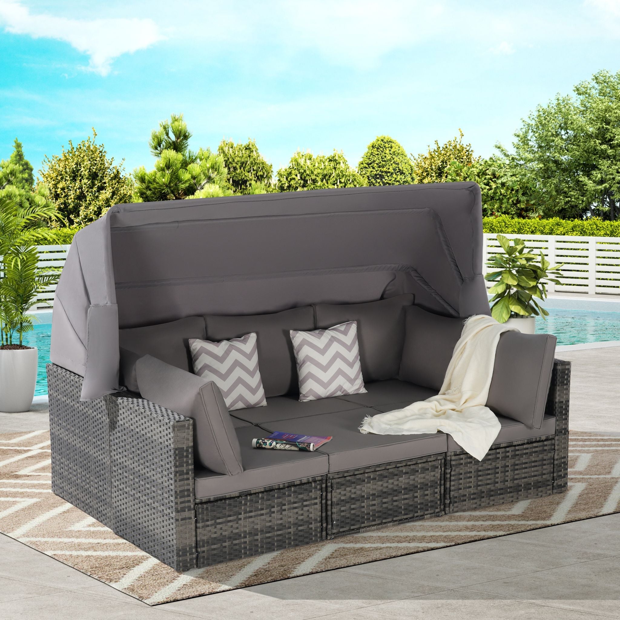 Alora 5-Piece Outdoor Patio Wicker Daybed Furniture Set With Retractable Canopy (SAK37816)