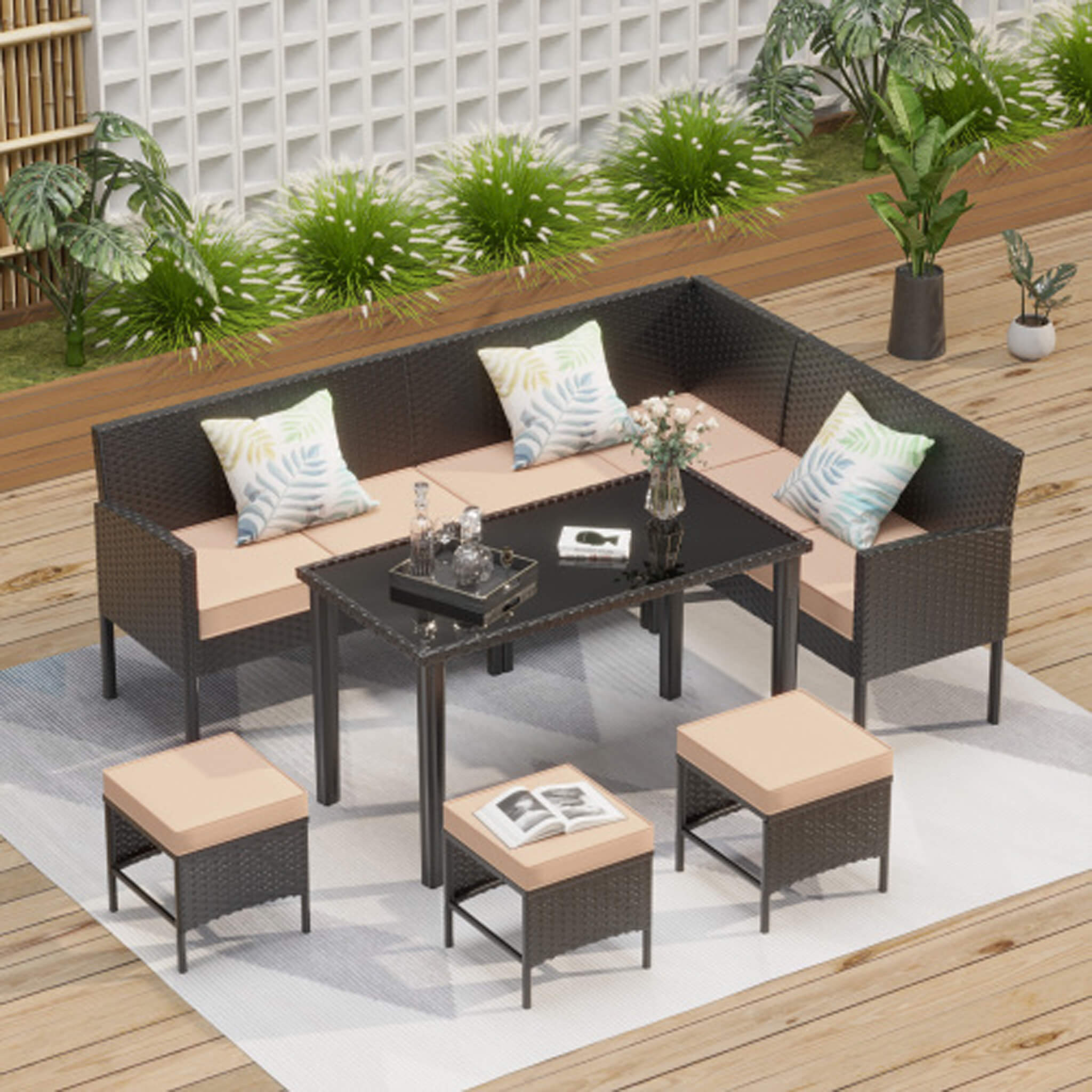 Alora 7-Piece Modern Outdoor Patio Furniture Set With Waterproof Cushions & Glass Table (SAK55673)