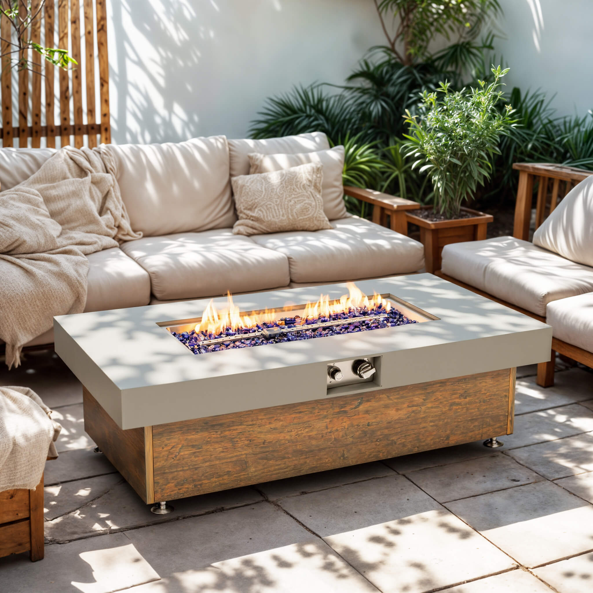 Alora Luxury 48-Inch Outdoor Wood Grain Iron Fire Pit Table With Lava Rocks (SAK37905)