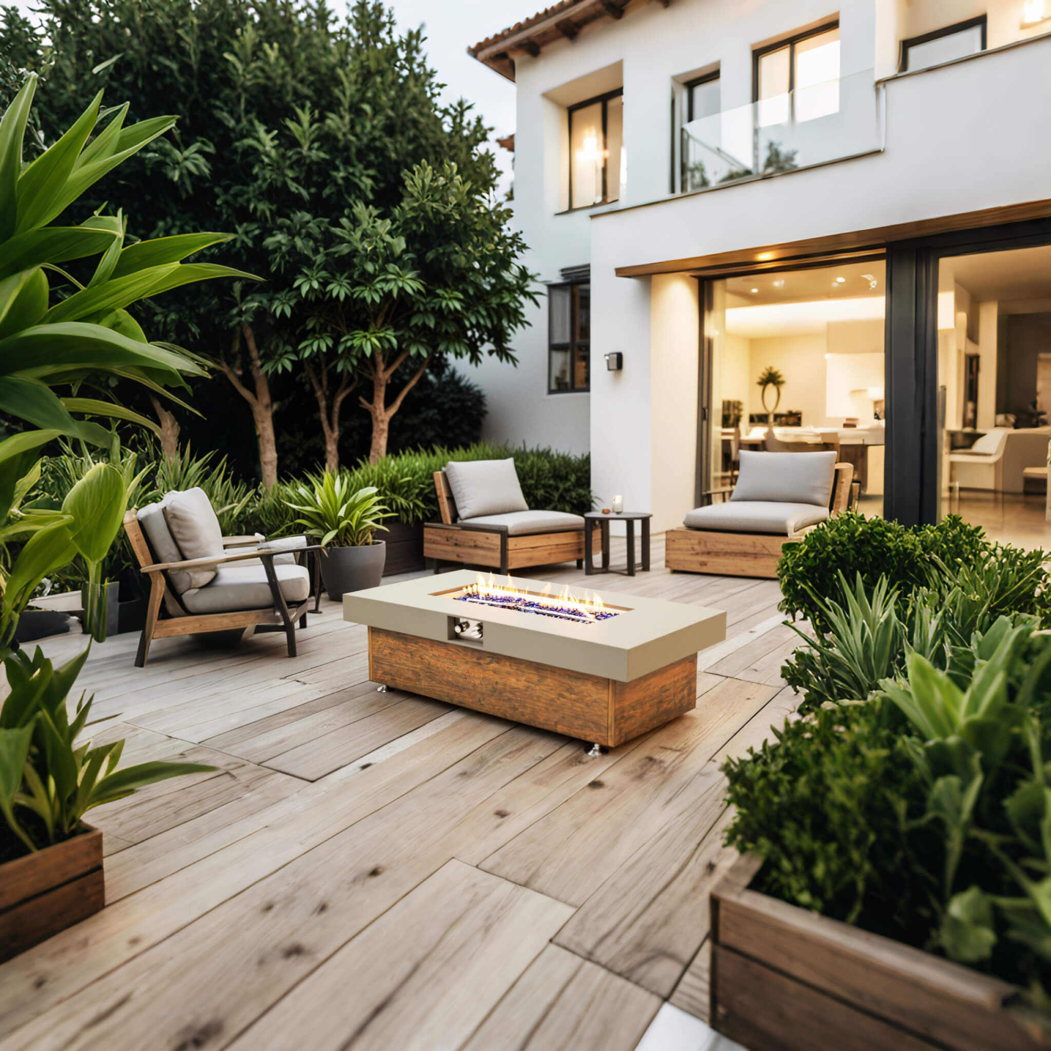 Alora Luxury 48-Inch Outdoor Wood Grain Iron Fire Pit Table With Lava Rocks (SAK37905)