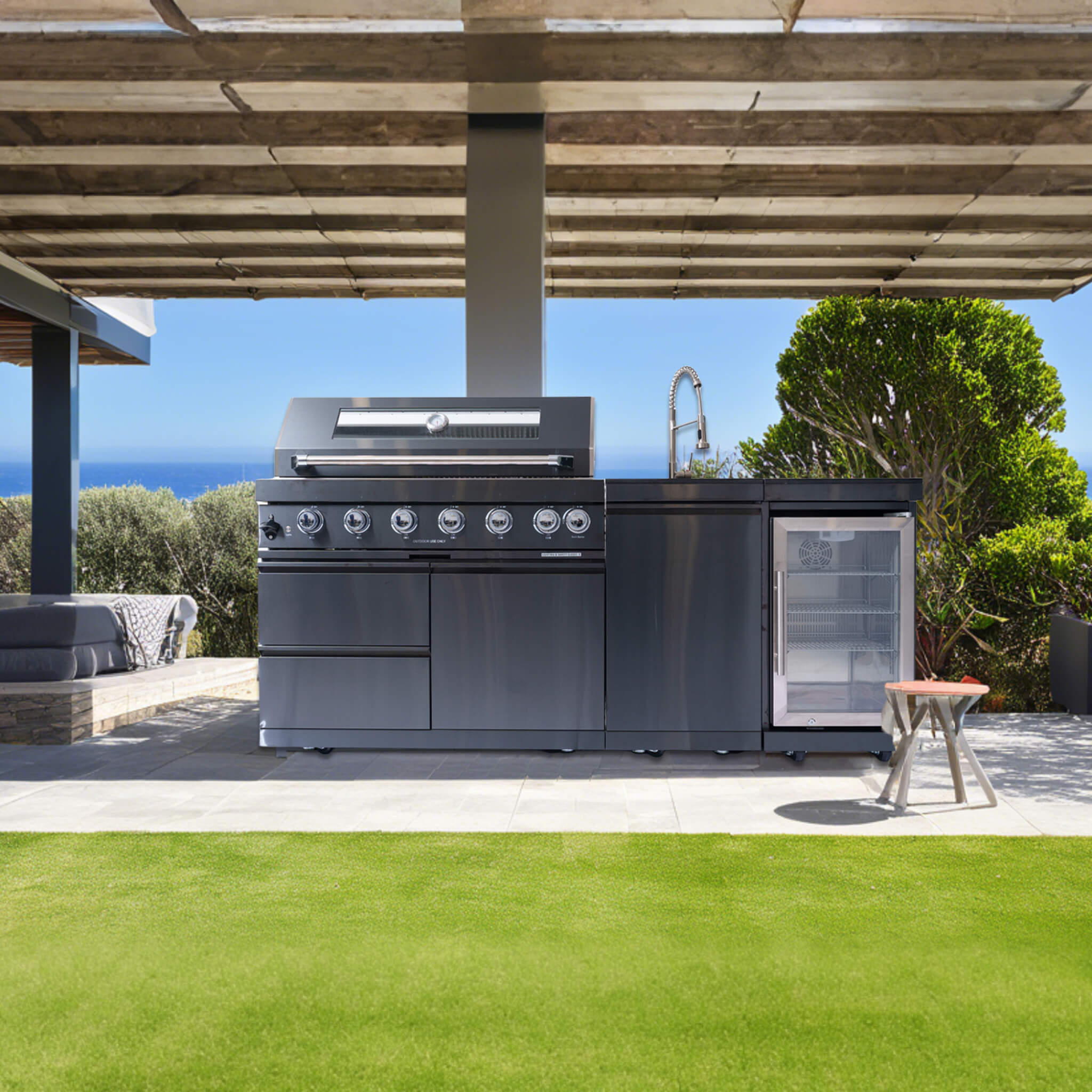 Castelle Flame 85K BTU Outdoor BBQ Kitchen Grill Island With 43-Inch 6-Burner Grill, Wine Fridge, Rotisserie Kit, And Sink (SAK23864)