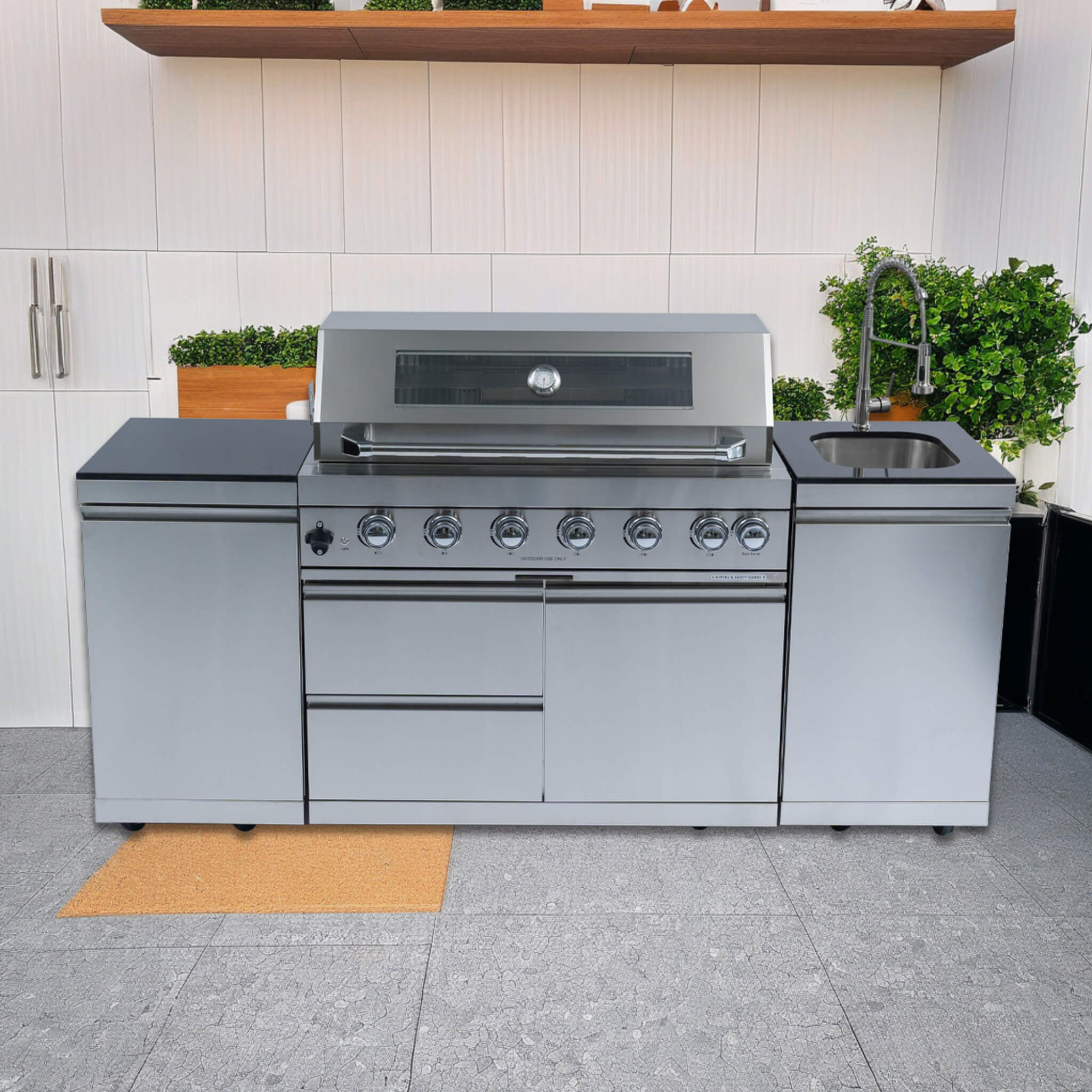 Castelle Flame Granite Outdoor BBQ Kitchen Island With 43-Inch 6-Burner Gas Grill, Rotisserie Kit, Cabinets, And Sink (SAK73518)