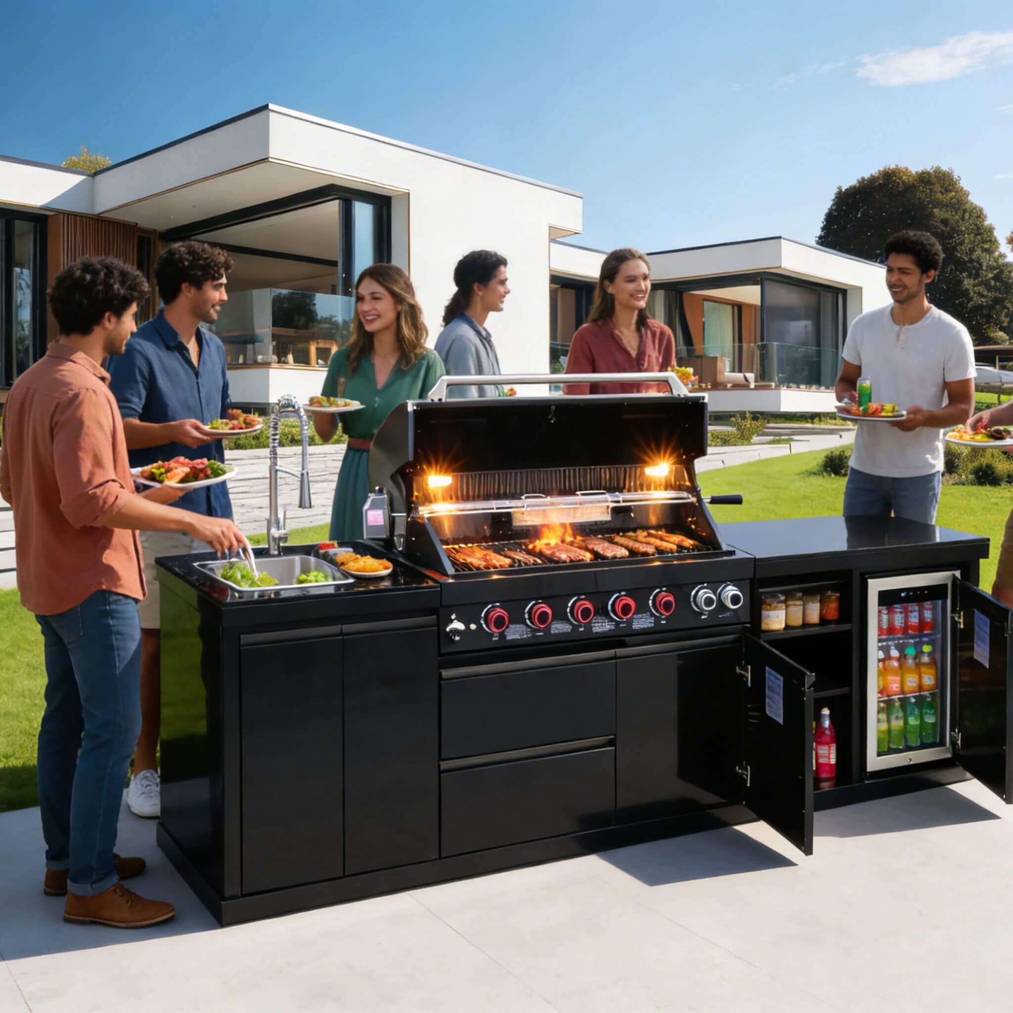 Castelle Flame Summit 6-Burner 85000 BTU BBQ Island With Sink And Fridge (SAK59238)