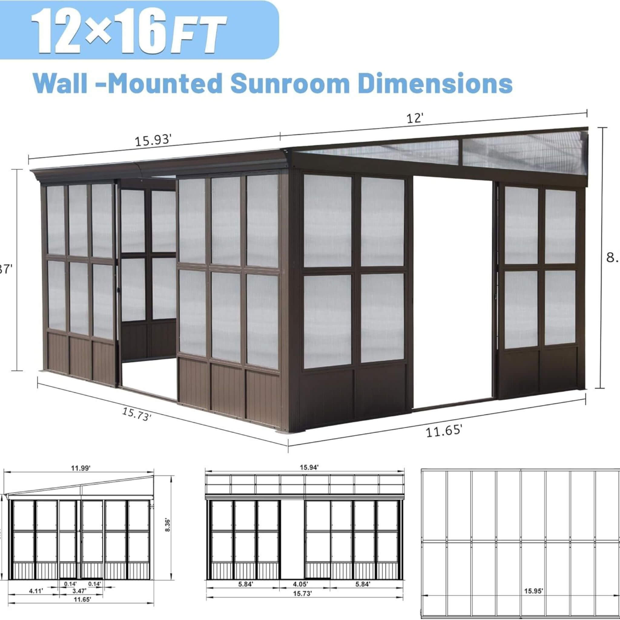 [12X16FT] Extra-Large Heavy-Duty All-Season Sunroom With Sliding Doors And Polycarbonate Windows (SAK98357)