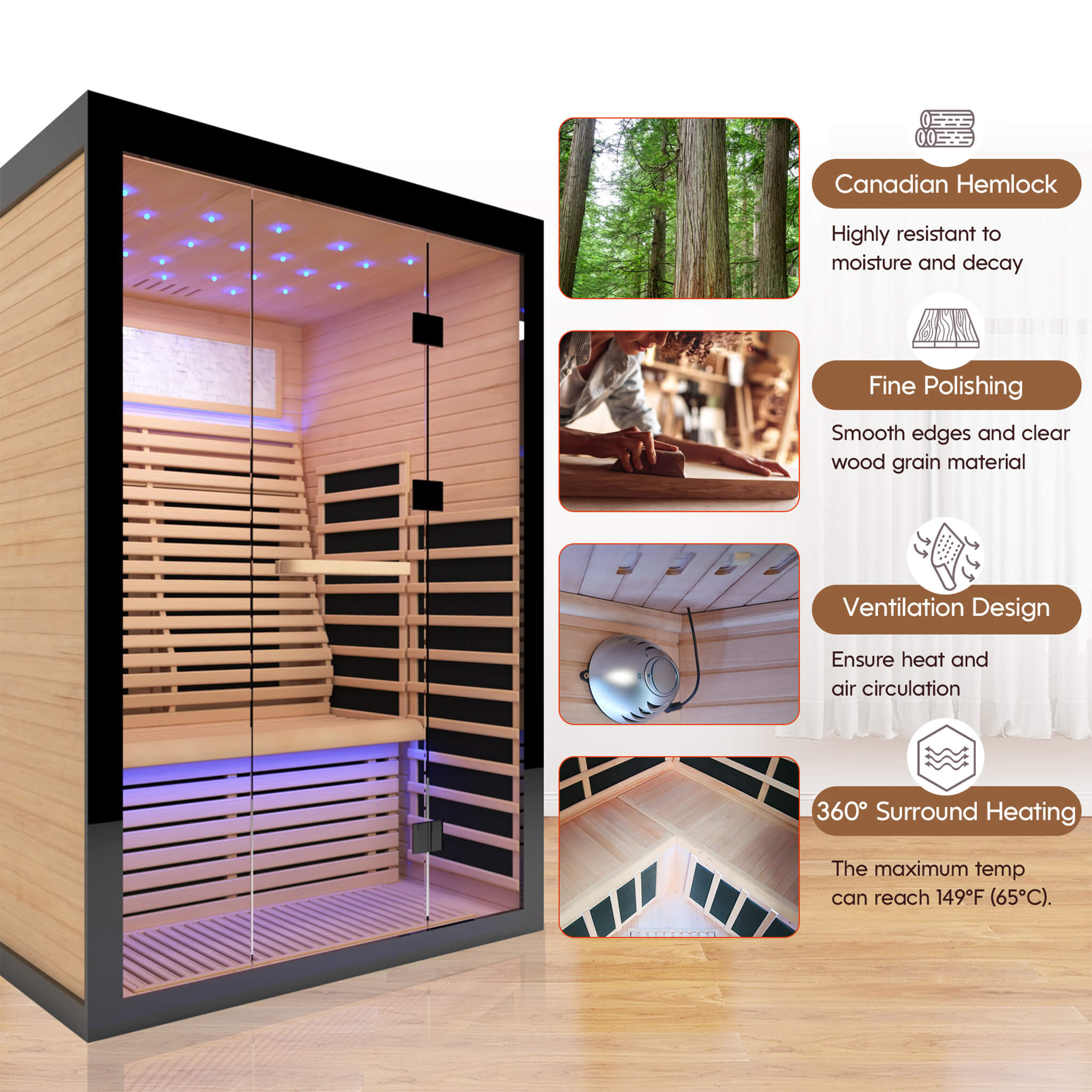Thermora Flux Luxury 2-Person Canadian Hemlock Wood Far Infrared Home Sauna (SAK02184)