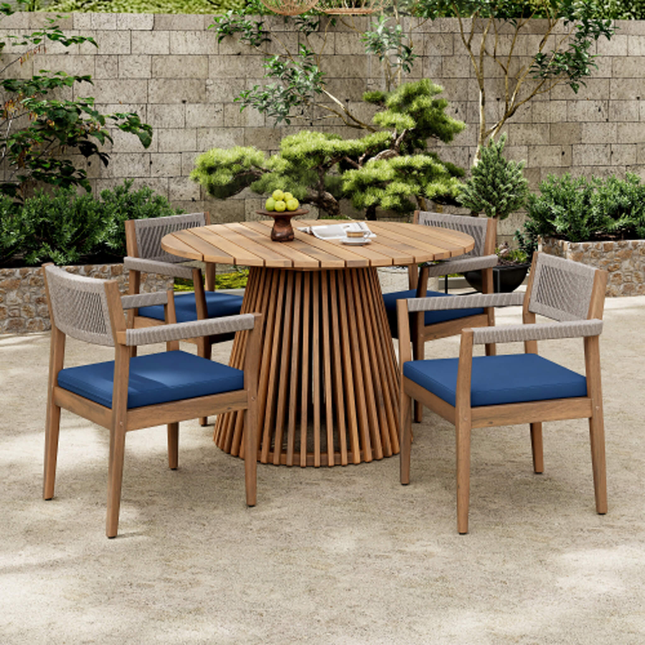 Alora Premium 5-Piece Outdoor Acacia Wood Patio Furniture Set With Braided Dining Chairs, Cushions, And Dining Table (SAK26754)