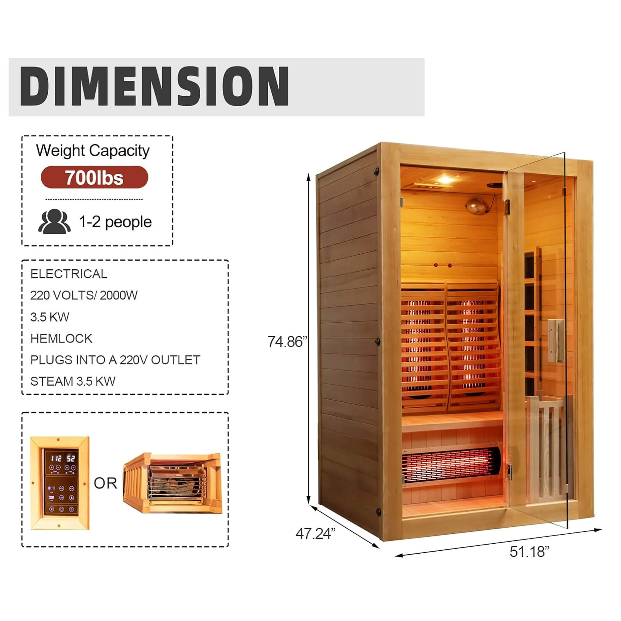 Rövia Luma 2-Person Indoor Hybrid Sauna Room With Infrared And 3.5KW Steam Heater (SAK83750)